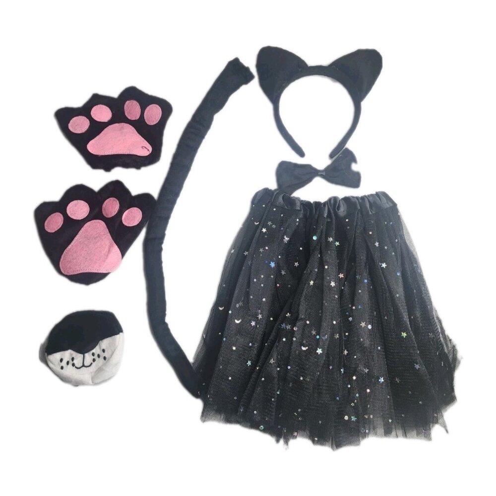 Girls Cat Costume Medium Skirt, Paws, Headband, Tail, Face Mask & Neck Bow Tie